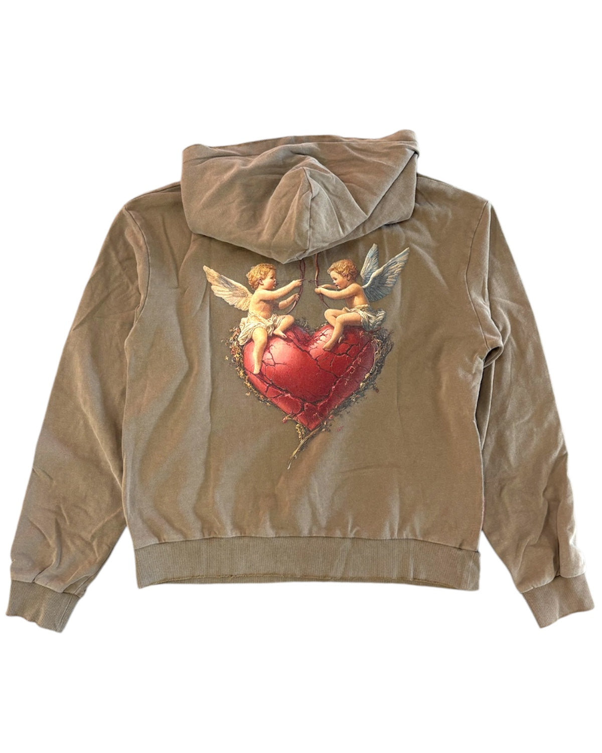 Brown hoodie with angel and heart design on a white background