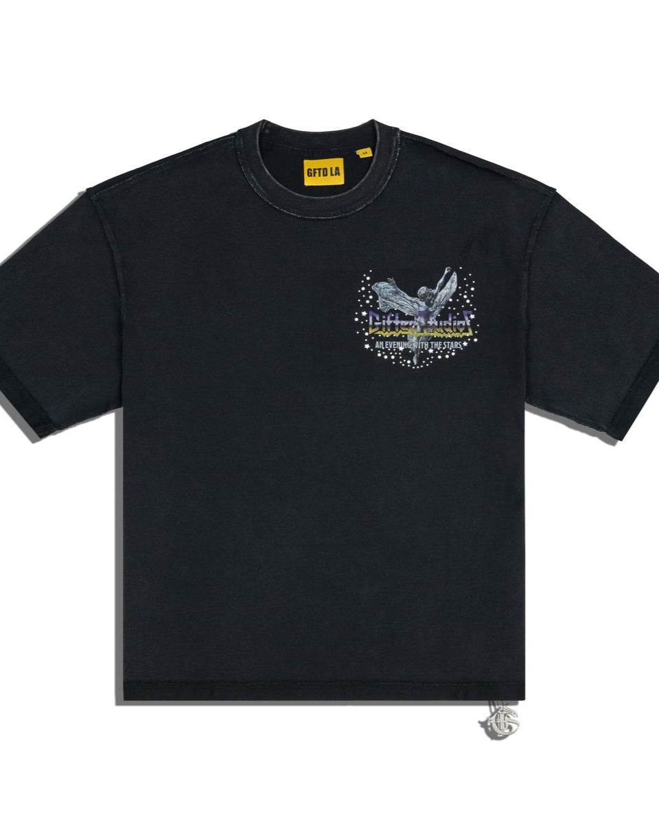 Black t-shirt with a graphic design on a white background