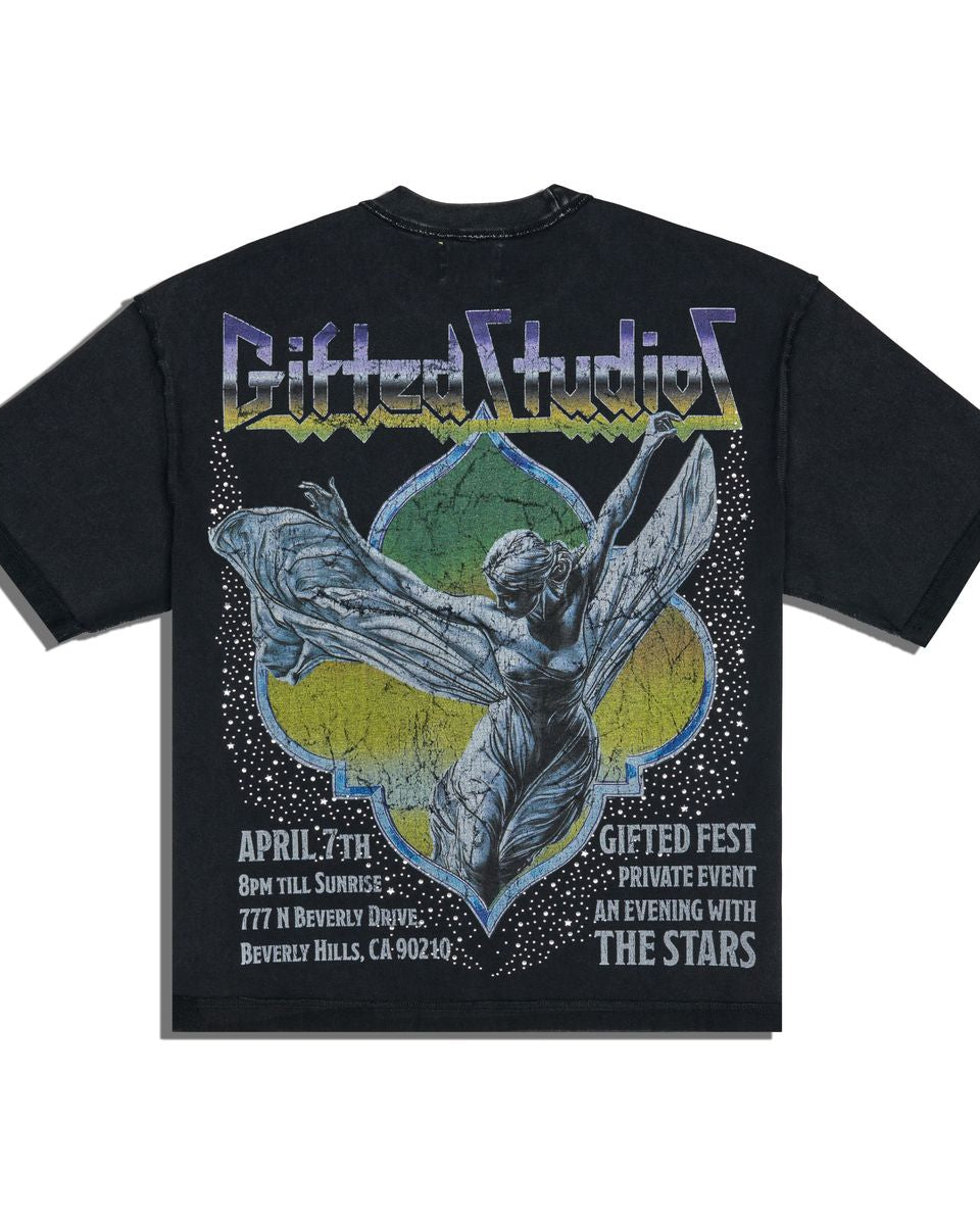 Black t-shirt with a graphic design of a winged figure and event information on a white background
