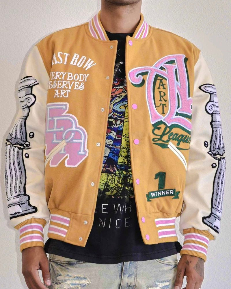 first row art league varsity jacket beige