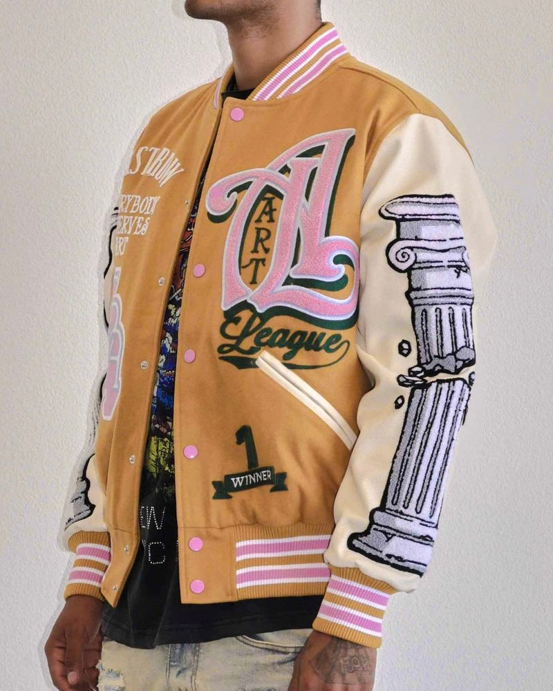 first row art league varsity jacket beige