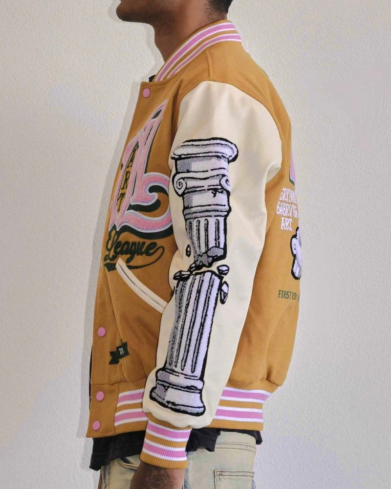 first row art league varsity jacket beige