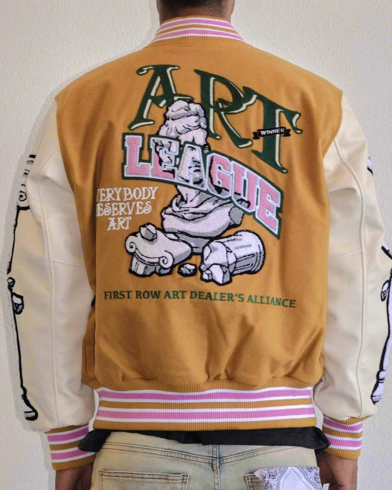 first row art league varsity jacket beige