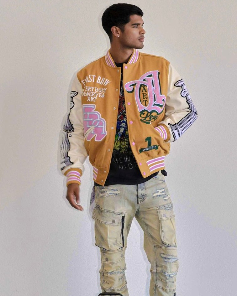 first row art league varsity jacket beige