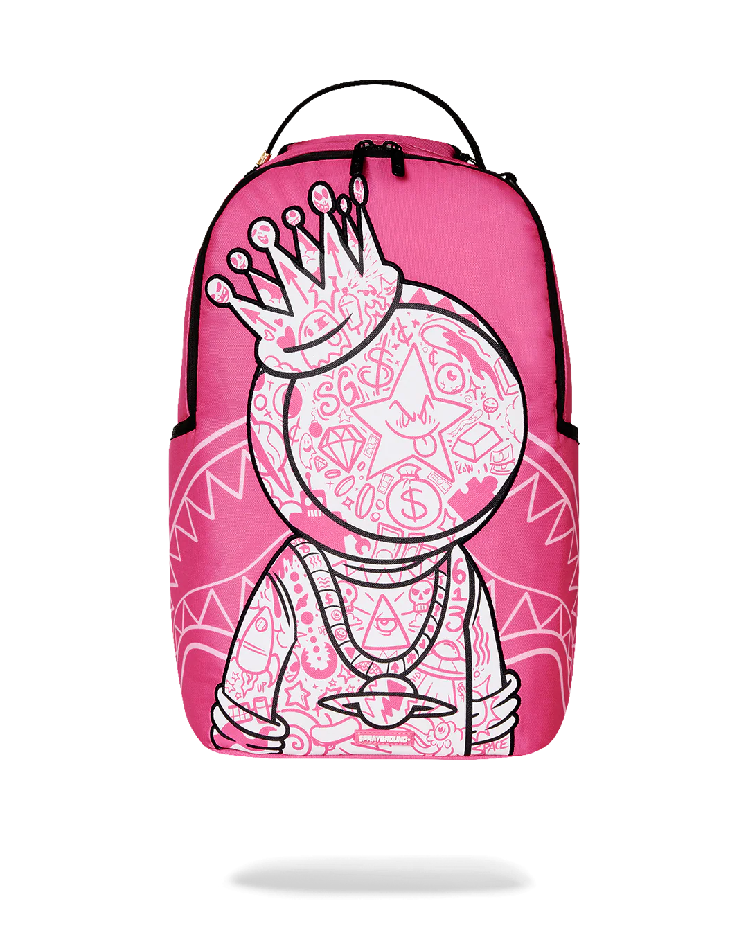 Pink sprayground backpack with a white humanoid graphic design on a white background
