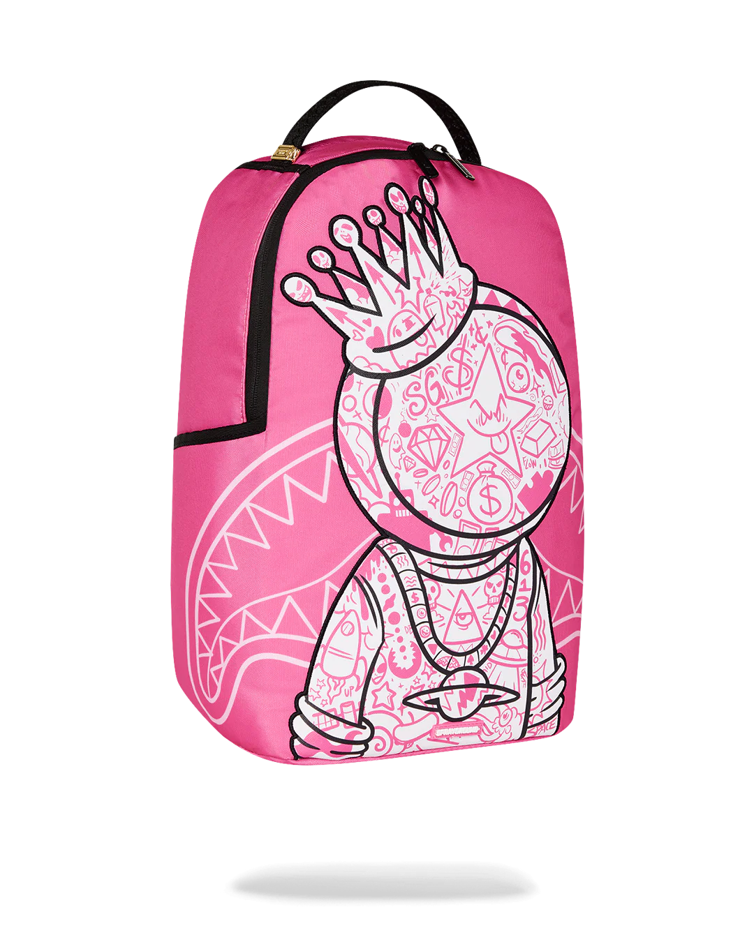Pink sprayground backpack with a white humanoid graphic design on a white background