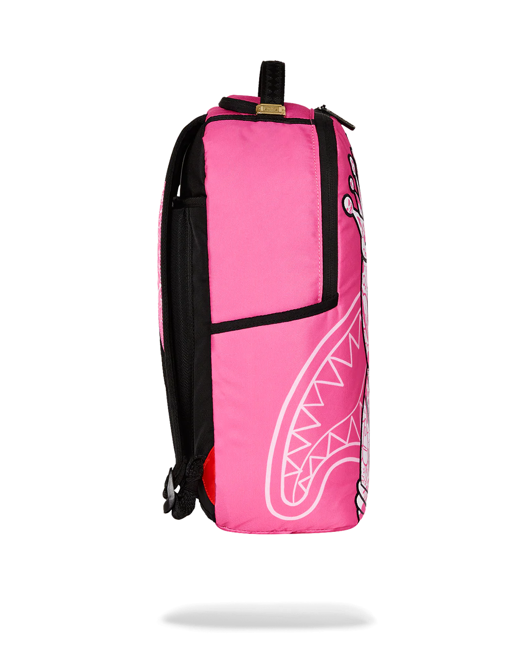 Pink sprayground backpack with a white humanoid graphic design on a white background