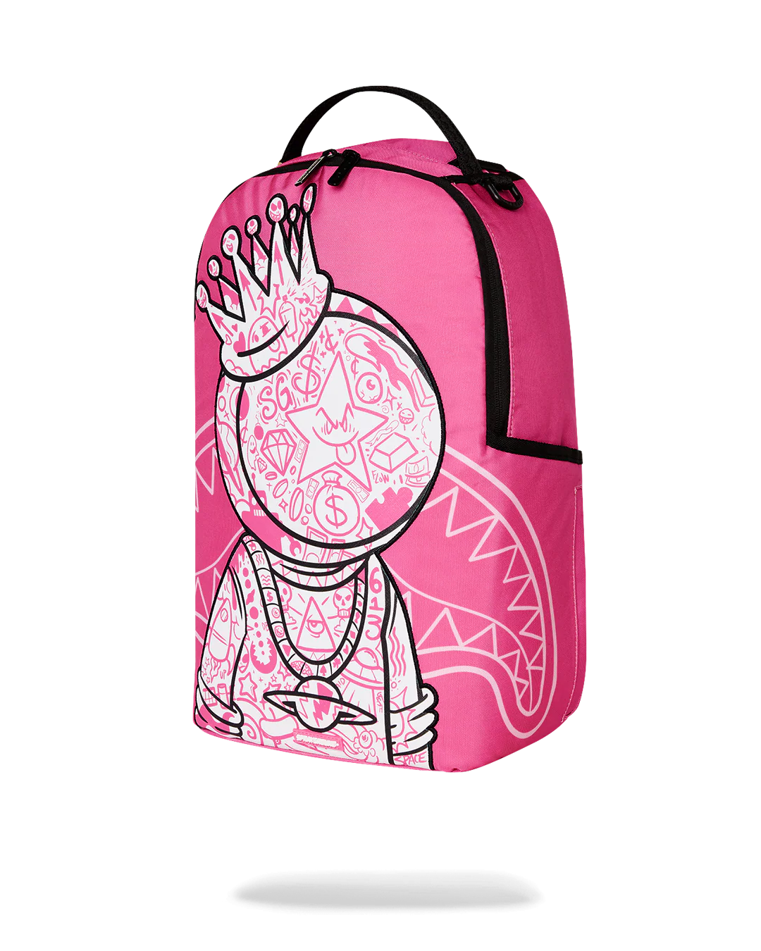 Pink sprayground backpack with a white humanoid graphic design on a white background