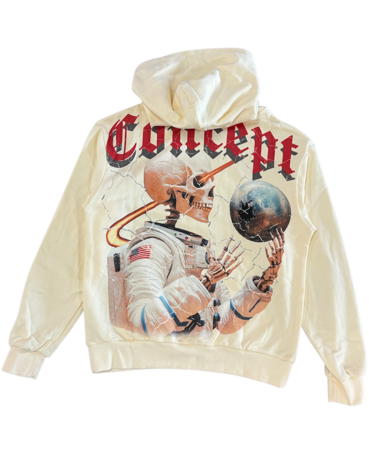 Beige hoodie with astronaut graphic and 'Concept' text on a white background