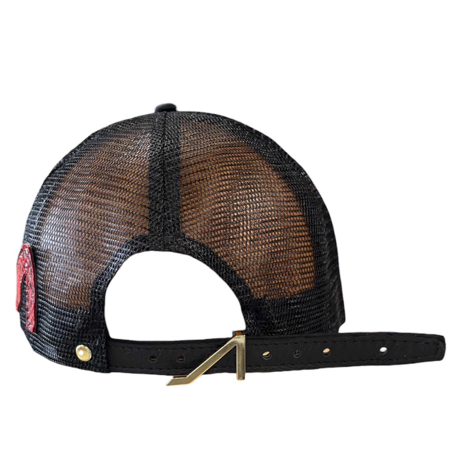 Black mesh cap with a red and gold logo on a white background