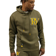 Person wearing a green hoodie and pants with 'RV' logo on a white background
