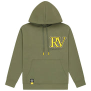 Green hoodie with yellow 'RV' logo on a white background