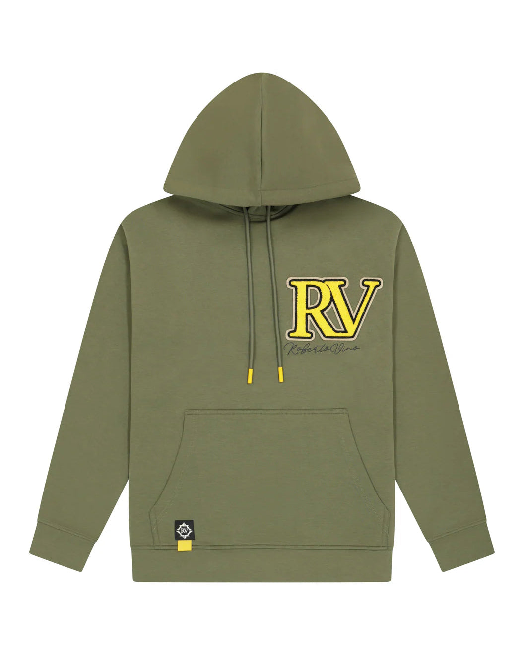 Green hoodie with yellow 'RV' logo on a white background