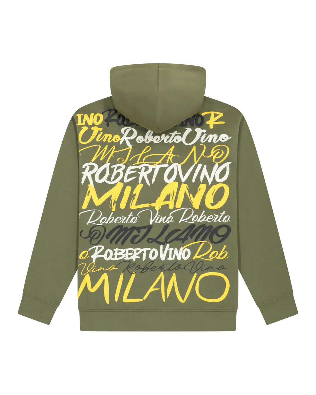 Green hoodie with 'Roberto Vino Milano' text on a white background