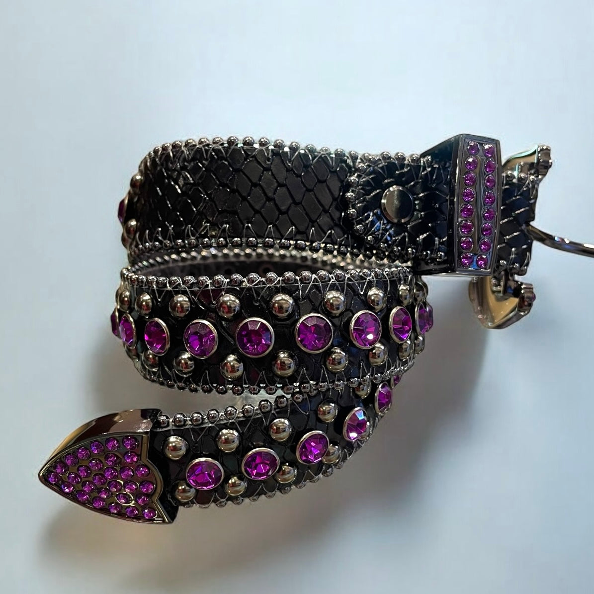 kids black leather belt with purple rhinestones with a bear shaped buckle