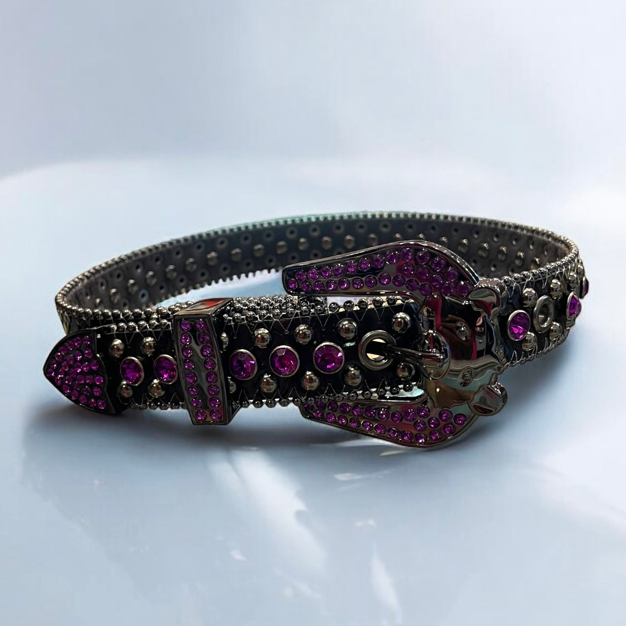 kids black leather belt with purple rhinestones