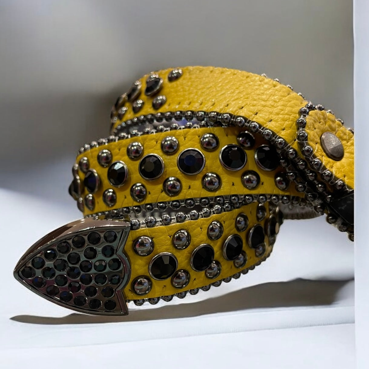 kids yellow leather belt with black rhinestones