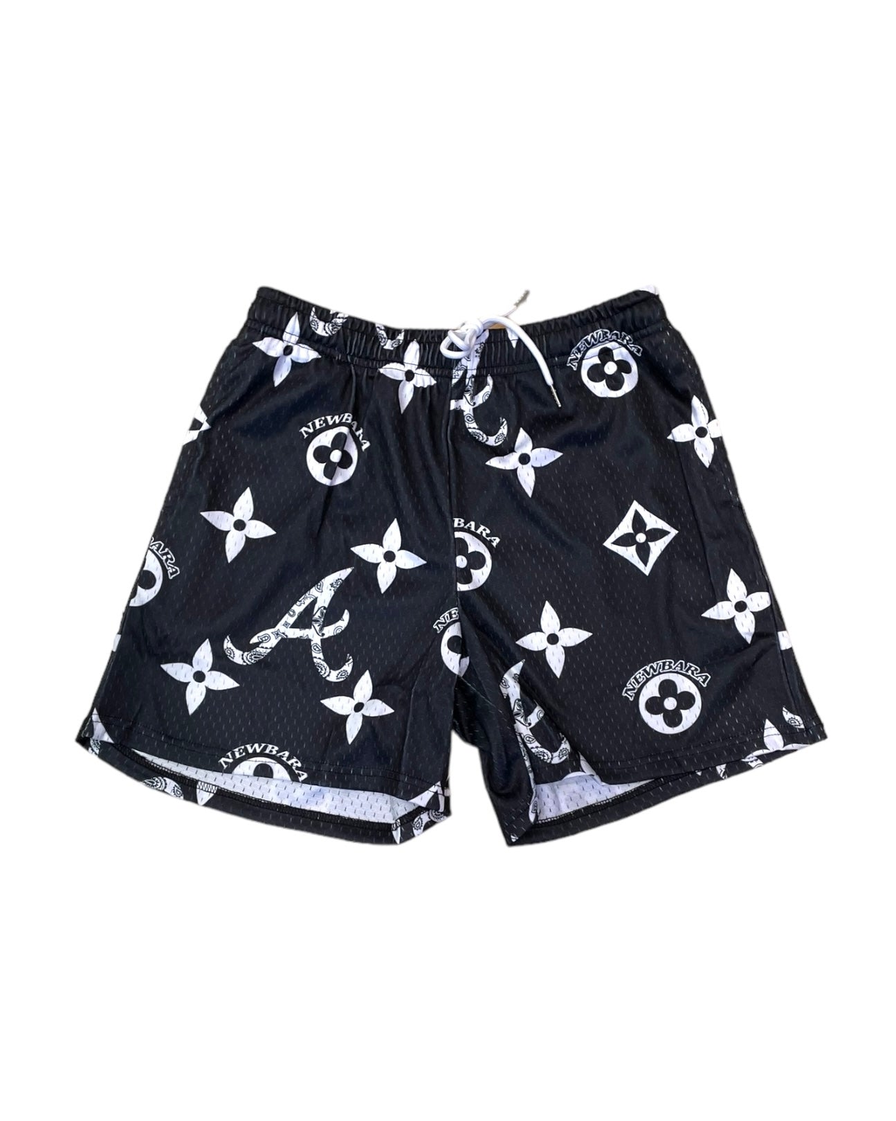 black and white louis v printed mesh shorts
