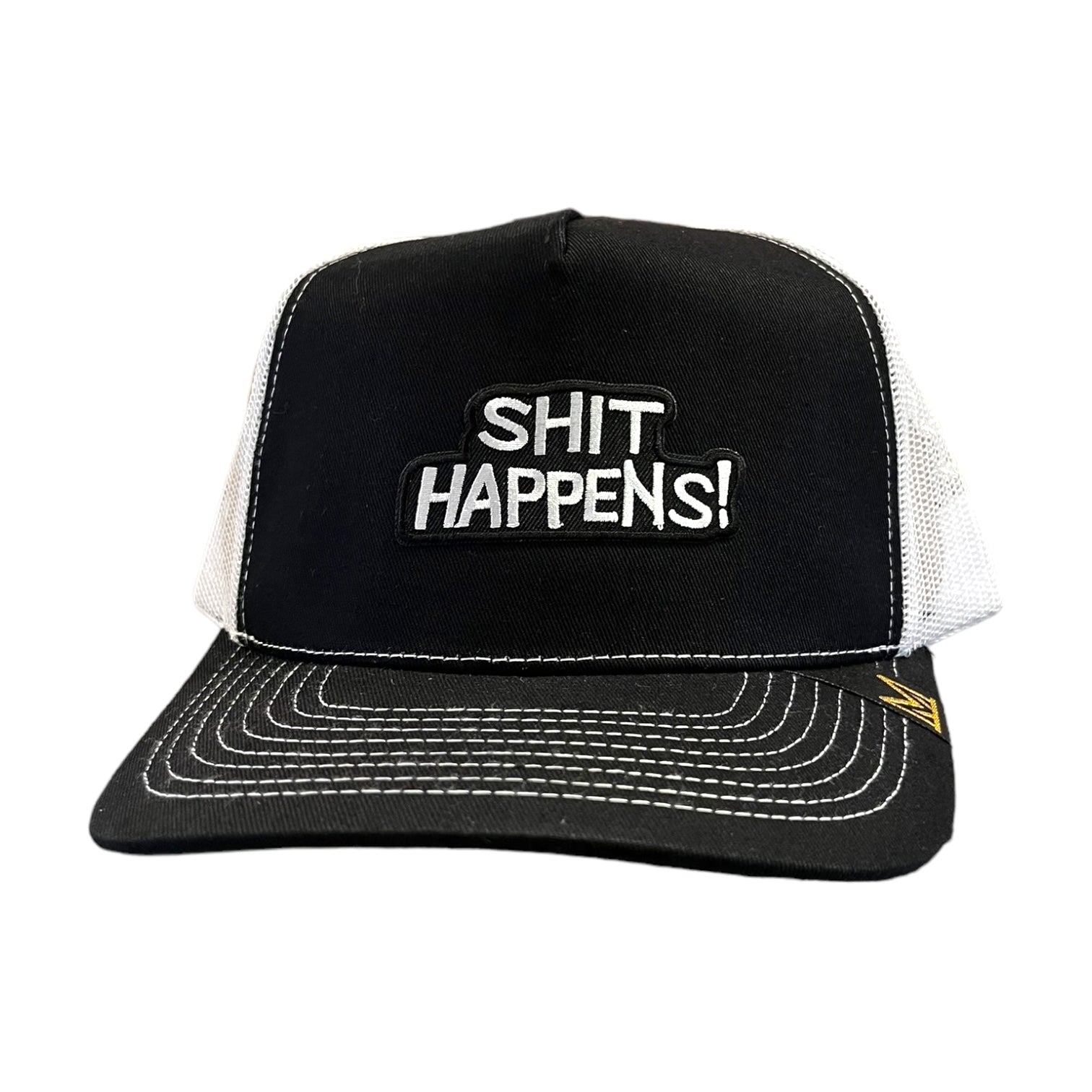 shit happens trucker hat in black-white