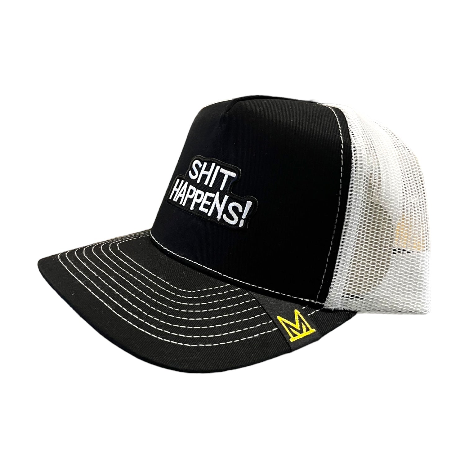 shit happens trucker hat in black white