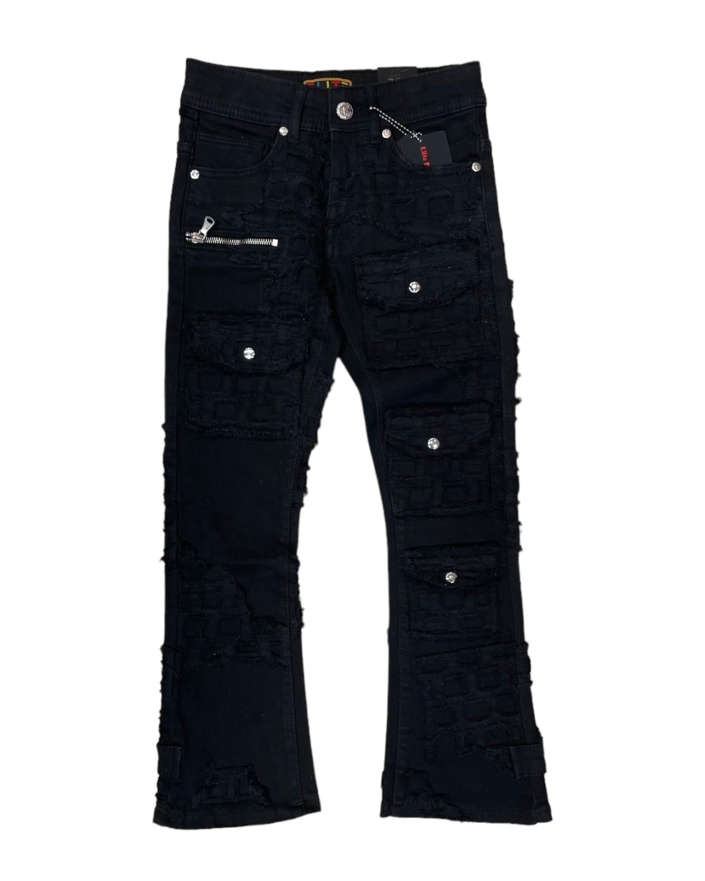 junior boys jet black cargo flare stacked jeans