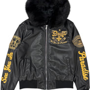 Black bomber jacket with gold text and fur hood on a white background