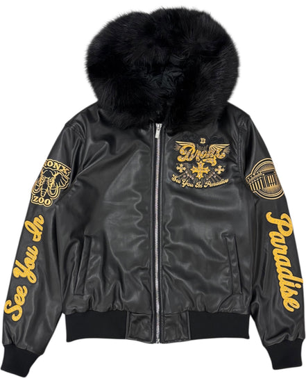 Black bomber jacket with gold text and fur hood on a white background