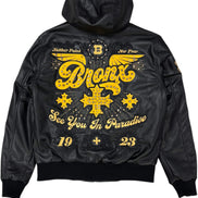 Black leather jacket with yellow graphics and text on a white background