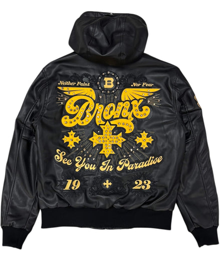 Black leather jacket with yellow graphics and text on a white background