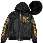 Black jacket with gold embroidery and fur-lined hood on a white background