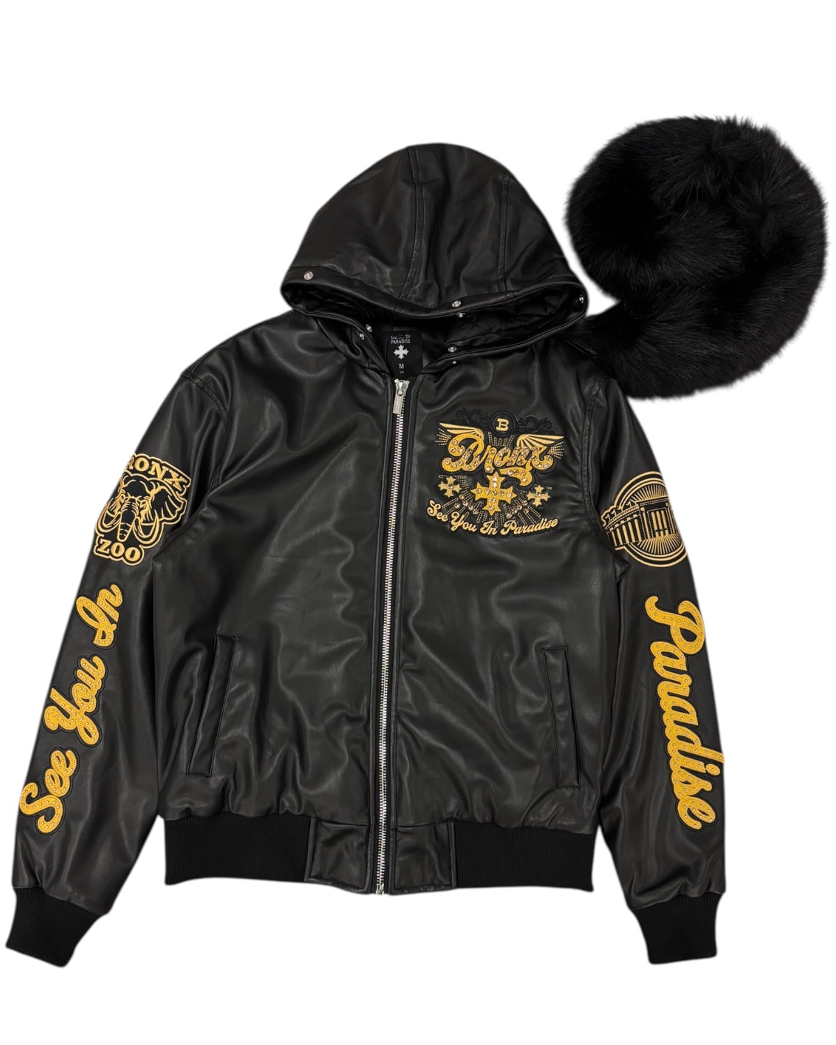 Black jacket with gold embroidery and fur-lined hood on a white background