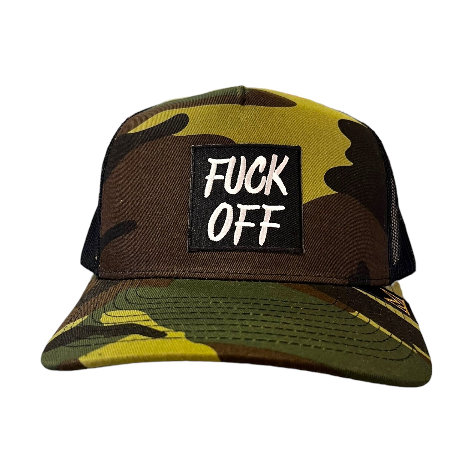 fuck off trucker hat in olive camo pattern