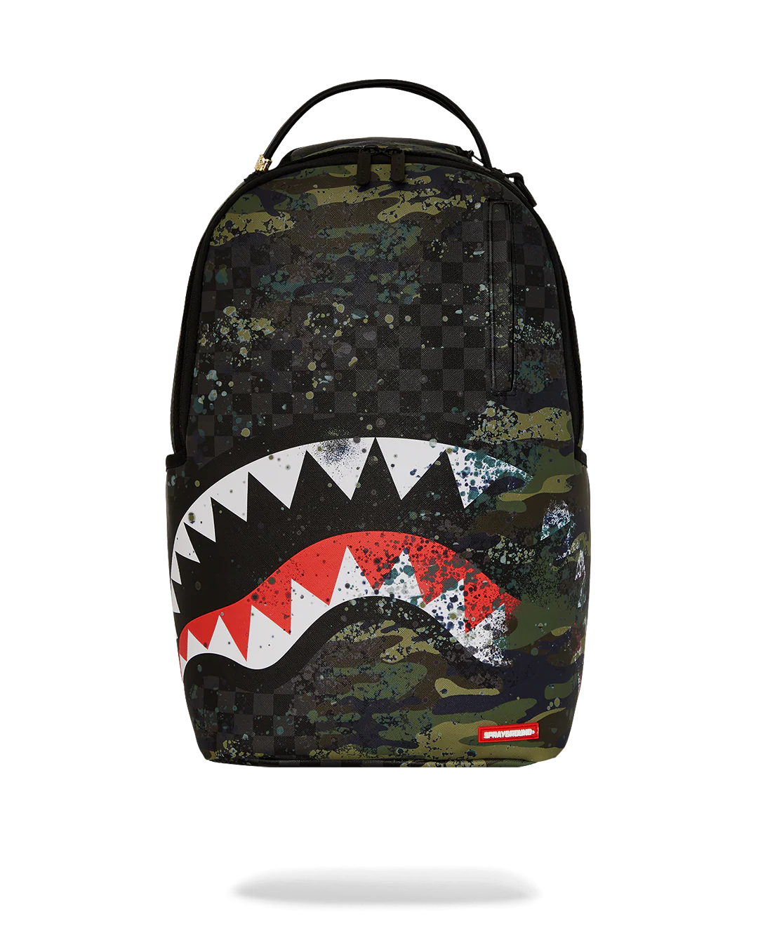Camouflage backpack with shark mouth design on a white background
