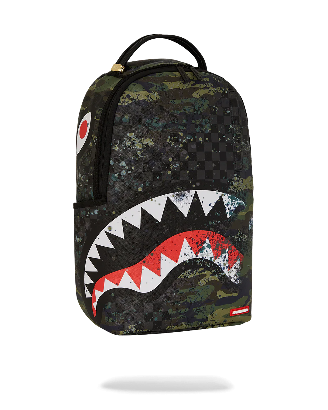 Backpack with shark mouth design and camouflage pattern on a white background