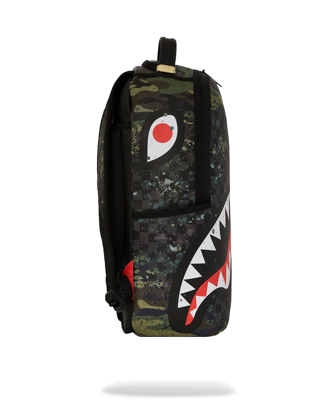 Camouflage backpack with shark design on a white background