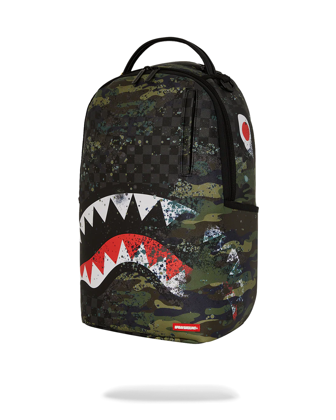 Camouflage backpack with shark mouth design on a white background