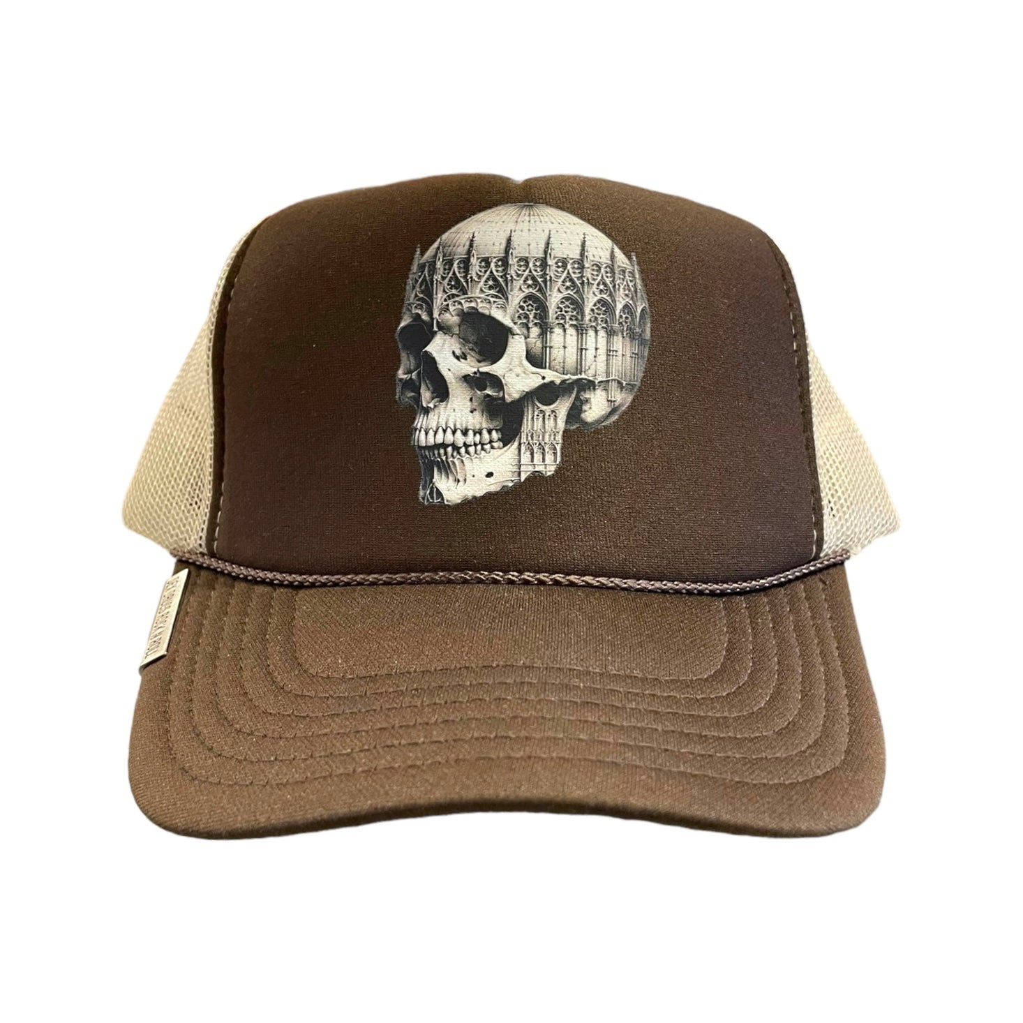 cathedral skull trucker hat in brown 