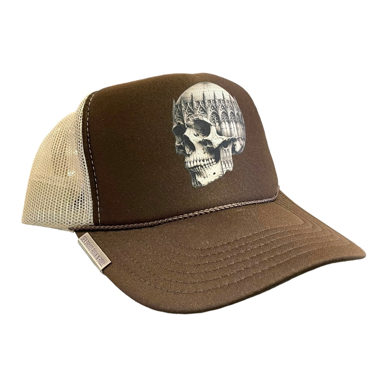 cathedral skull trucker hat in brown