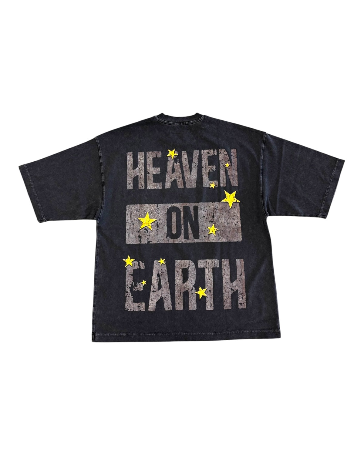 charcoal t-shirt with 'Heaven on Earth' text and stars on a white background