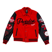 Red and black jacket with 'Paradise Team' text on a white background