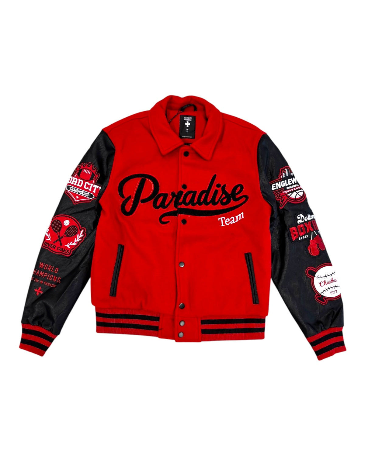 Red and black jacket with 'Paradise Team' text on a white background