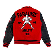 Red and black jacket with graphic design and text on a white background