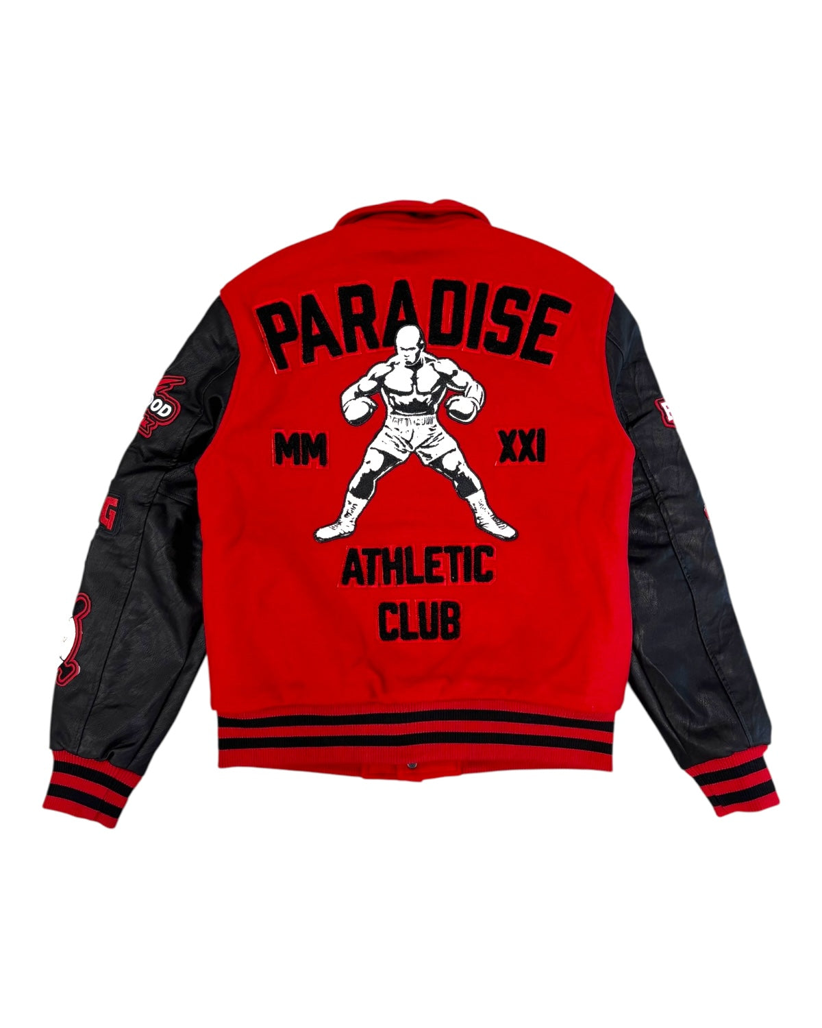 Red and black jacket with graphic design and text on a white background