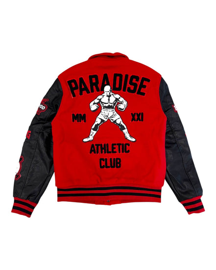 Red and black jacket with graphic design and text on a white background