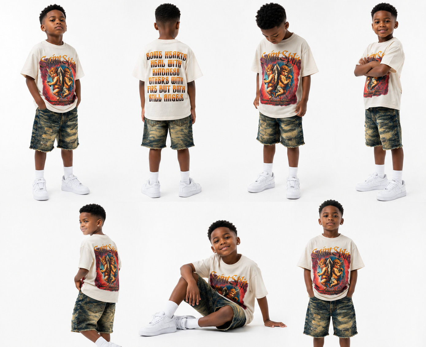 Collage of a young boy wearing graphic t-shirts and camouflage shorts on a white background