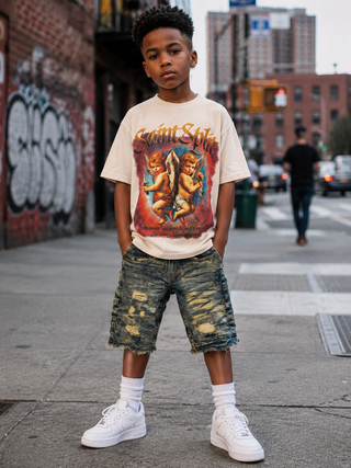 Child wearing a graphic t-shirt and shorts on a city street