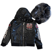 Black leather jacket with fur hood and embroidered designs on a white background