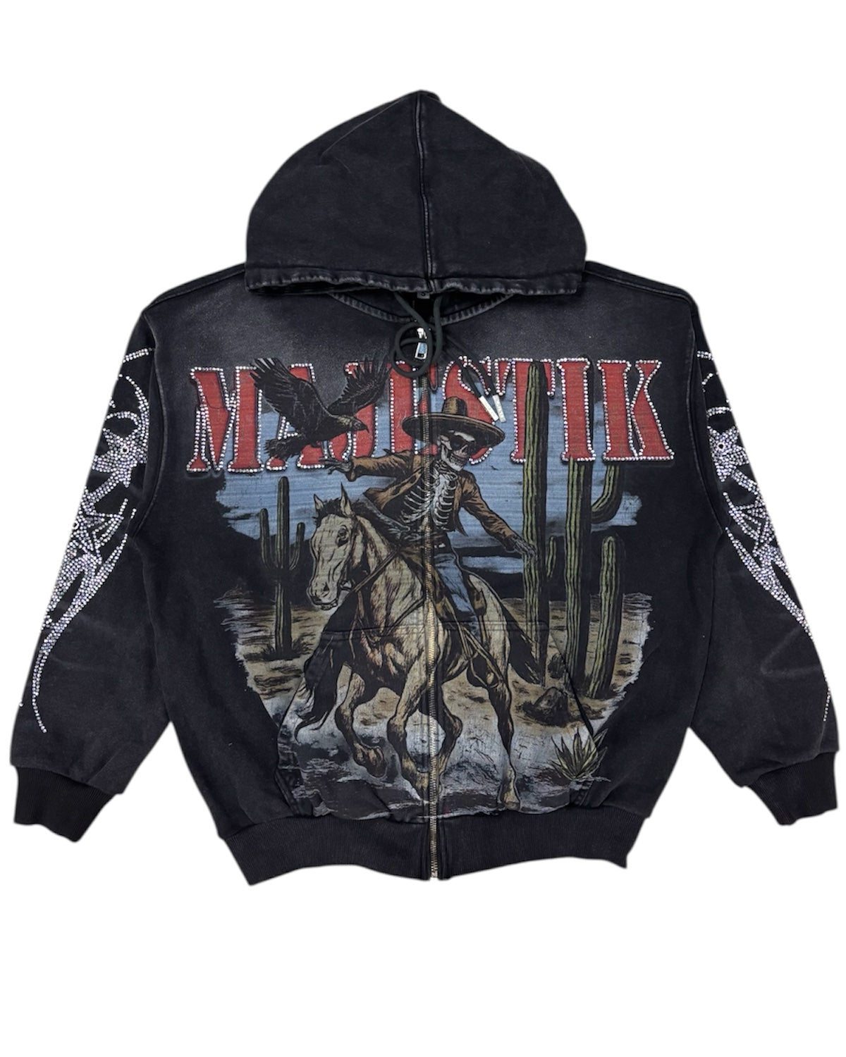 Black hoodie with graphic design and 'Majestik' text on a white background