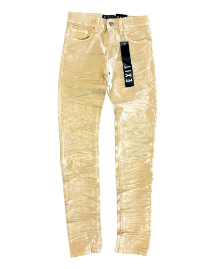 Beige jeans with a visible 'EXIT' tag on a white background