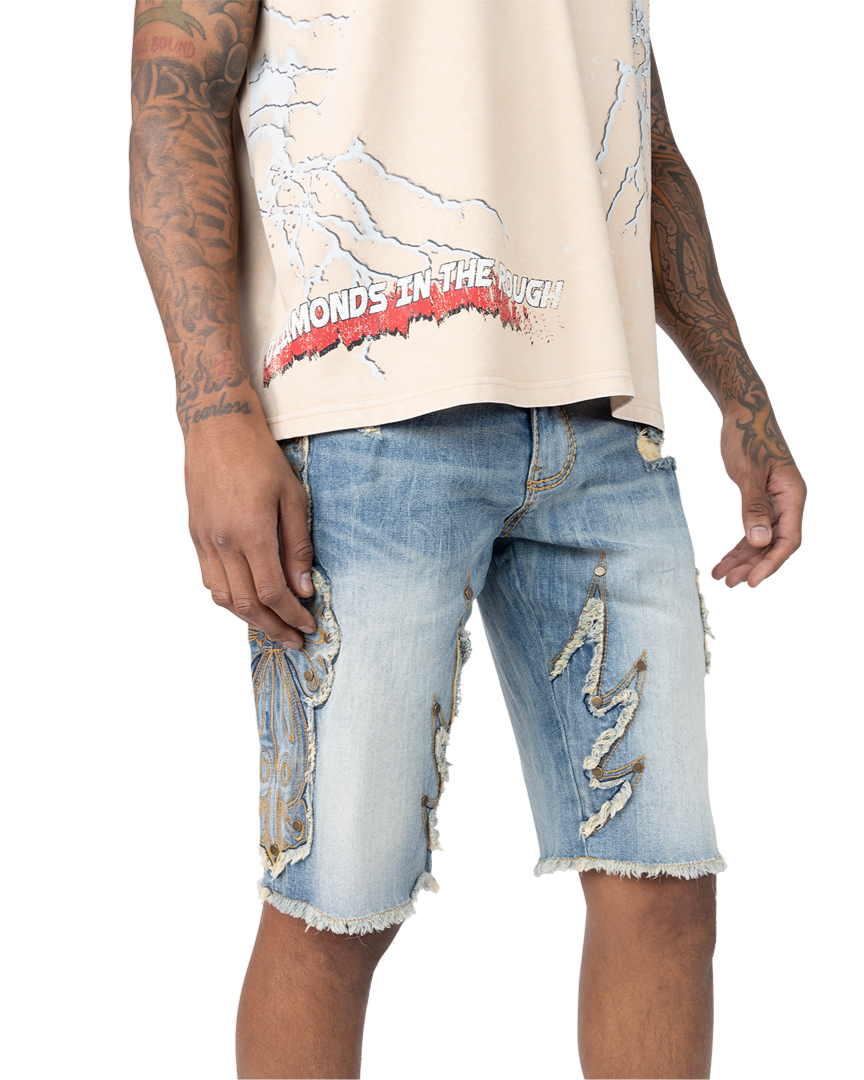 Smoke rise fashion cross denim shorts in blue 